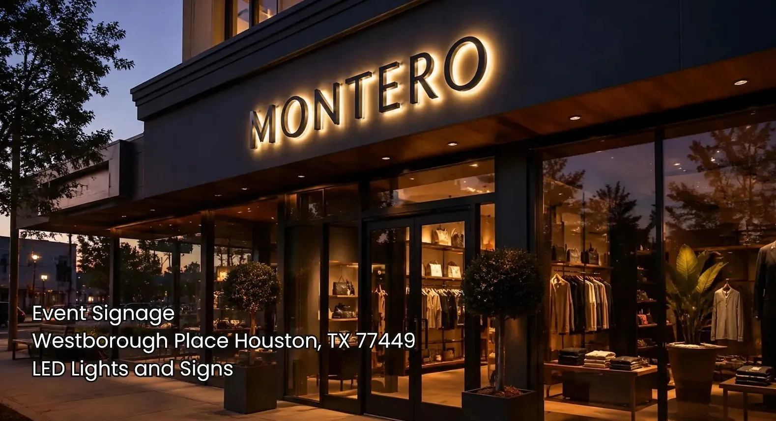 Elegant illuminated backlit channel letter storefront sign for Montero showcasing custom event signage Houston. 
