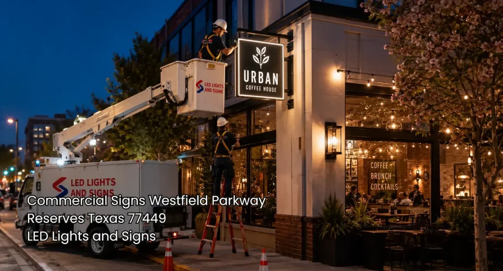 Houston commercial signs technicians servicing an illuminated café blade sign with a branded bucket truck on a city street.