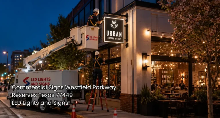 Houston commercial signs technicians servicing an illuminated café blade sign with a branded bucket truck on a city street.