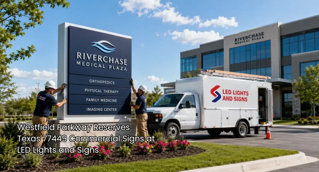 Houston commercial signs team installing a monument directory sign outside a modern medical plaza with a service truck.