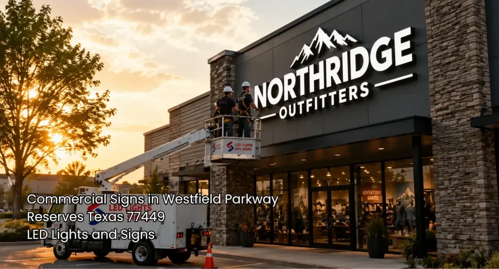 Houston commercial signs crew installing illuminated storefront letters with a branded service truck for a retail business.