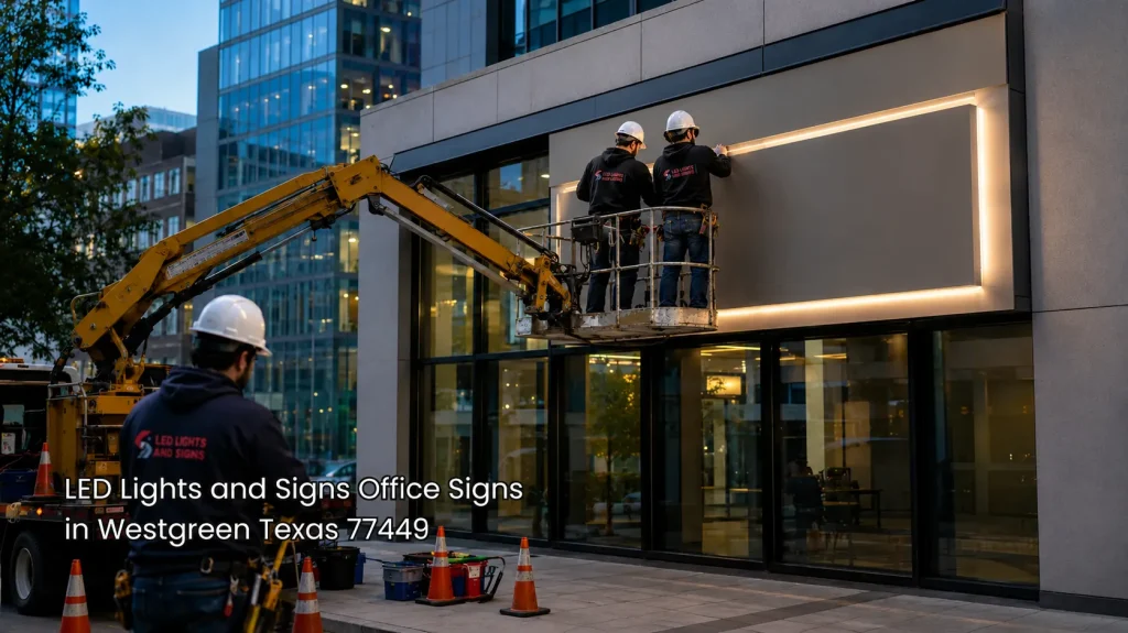 Contractors using a scissor lift to install illuminated custom office signs Houston commercial buildings require.