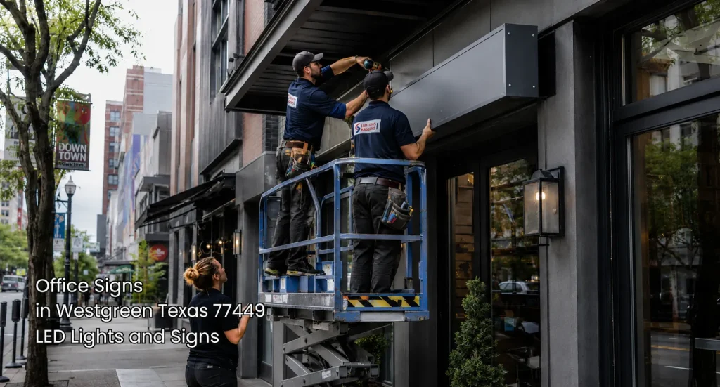 Professional technicians mounting a sleek building entrance display for office signs Houston businesses depend on.
