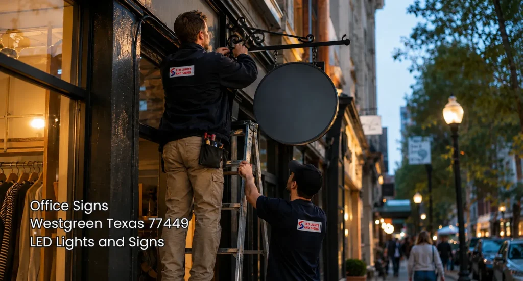 Technicians installing a custom black round storefront sign outside a local business by office signs Houston installers.