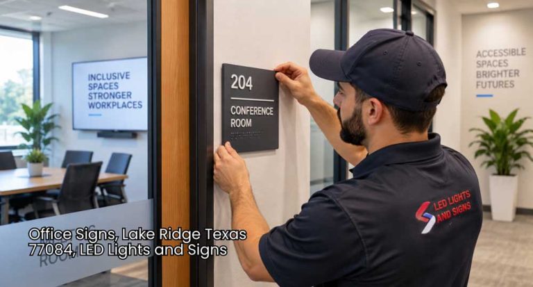 Technician installs ADA-compliant office signs Houston businesses use for accessible conference room identification.