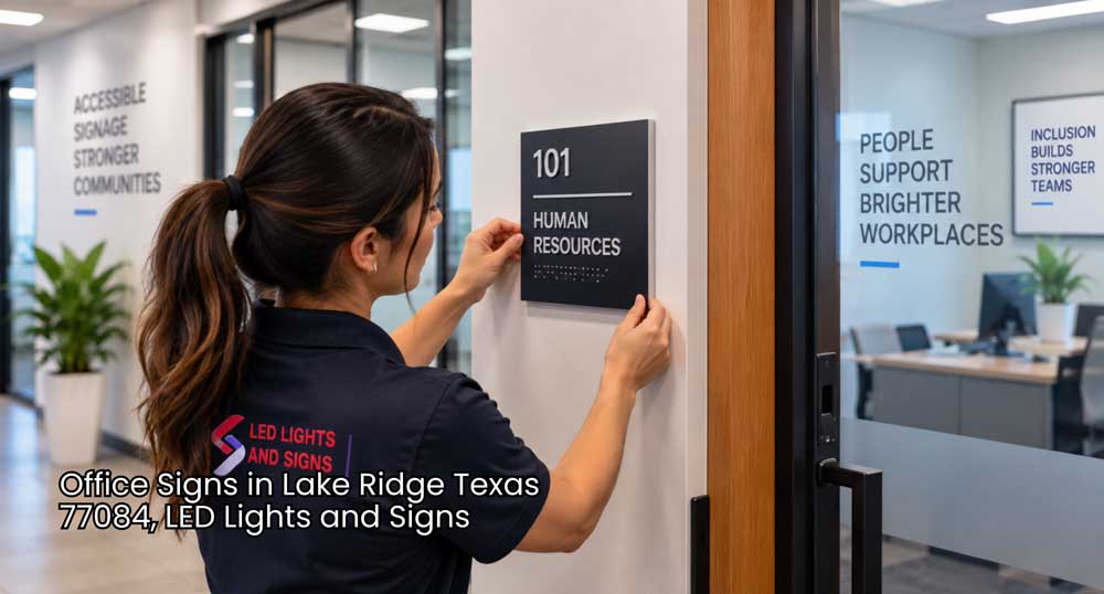 Installer fits ADA office signs Houston workplaces need for clear Human Resources room identification and accessibility.