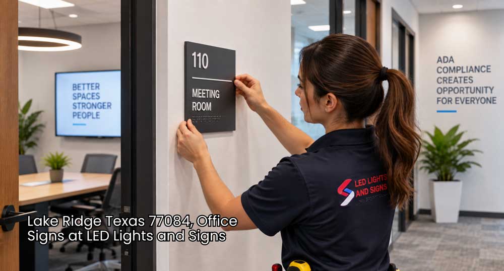Professional installs Braille office signs Houston companies use to improve meeting room accessibility and wayfinding.