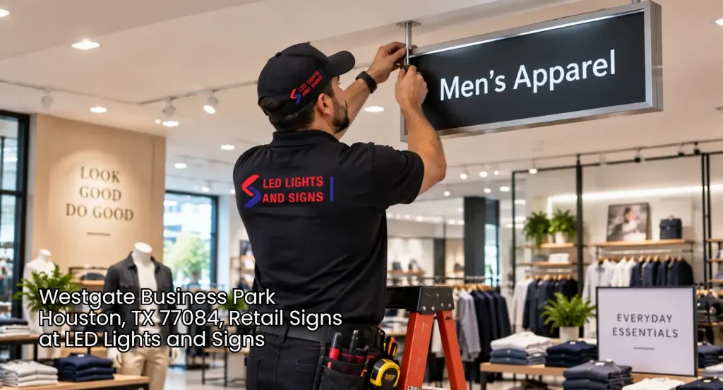 Technician mounting a hanging apparel sign in a modern boutique for professional retail signs Houston installation services.