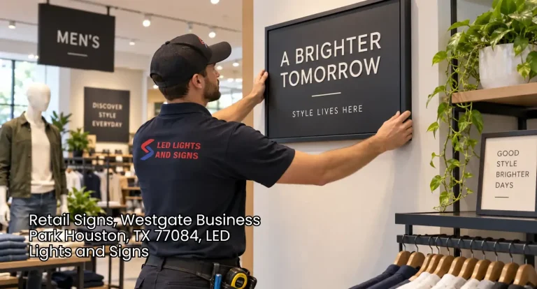 LED Lights and Signs technician installing a modern wall display inside a clothing store for retail signs Houston services.