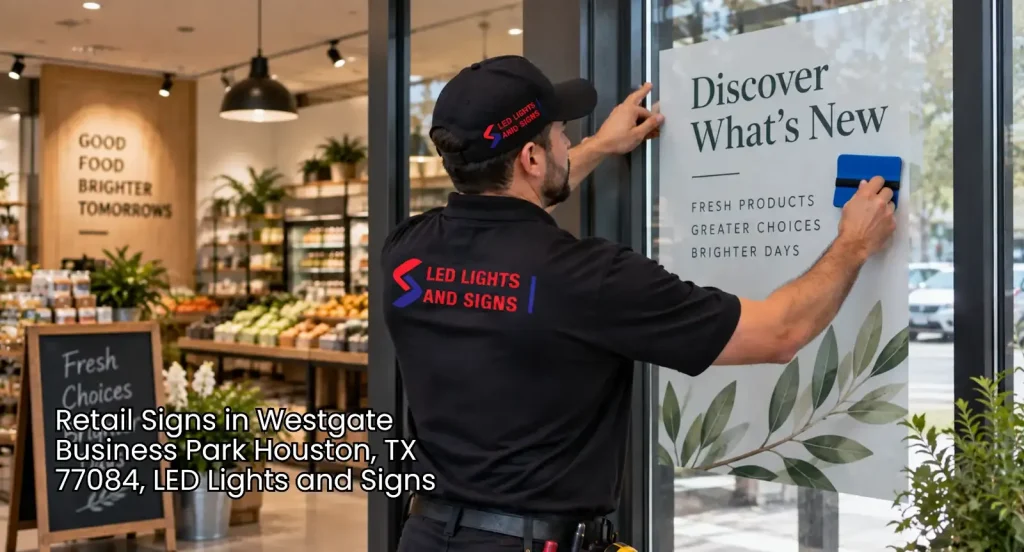 Sign installer applying a promotional window graphic at a stylish retail storefront for custom retail signs Houston projects.