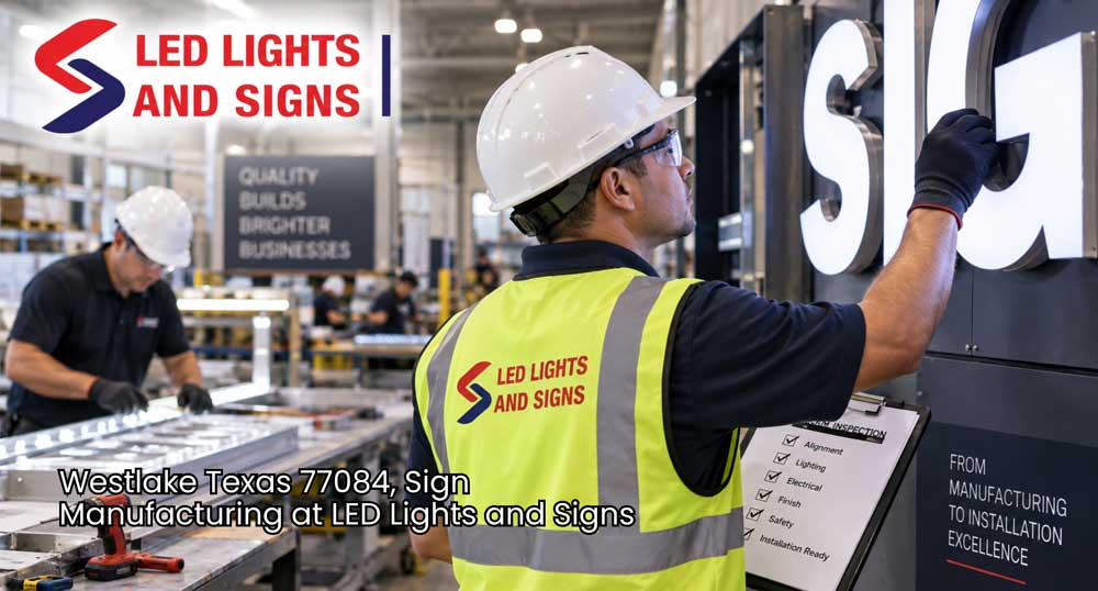 Sign manufacturing Houston technician inspects large LED sign letters with a checklist before final installation approval.