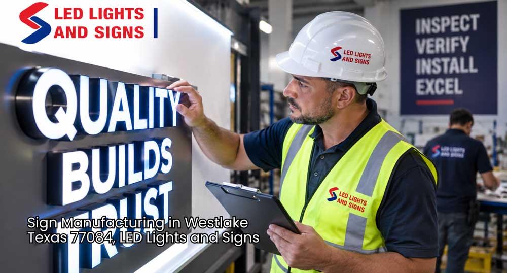 Sign manufacturing Houston inspector examines illuminated channel letters inside a professional sign production workshop.
