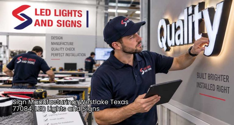 Sign manufacturing Houston inspector checks LED letters for alignment, lighting quality, and installation readiness.