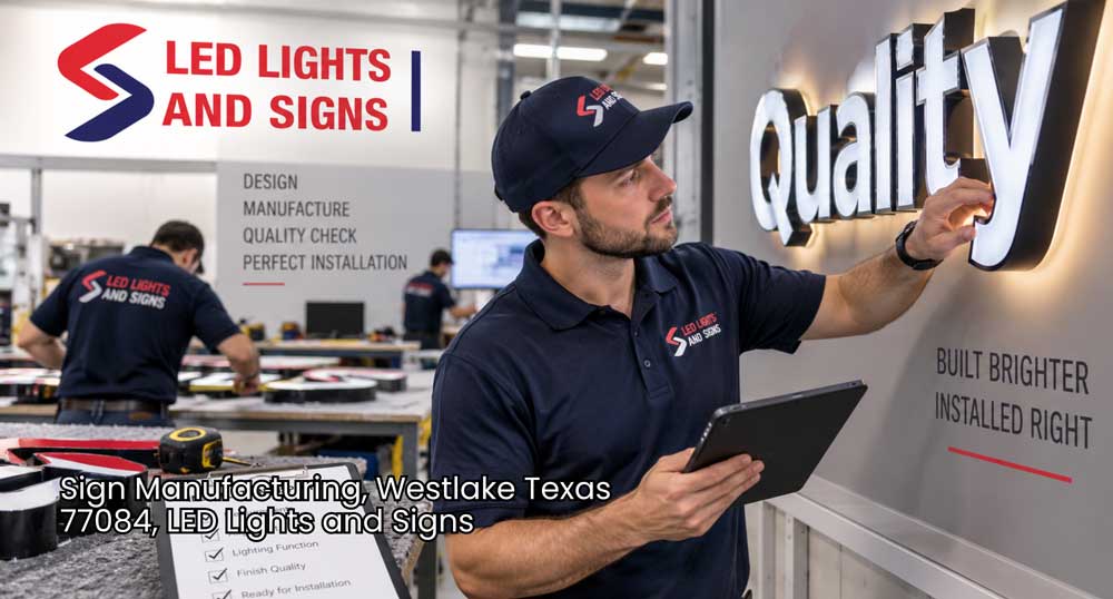 Sign manufacturing Houston inspector checks LED letters for alignment, lighting quality, and installation readiness.