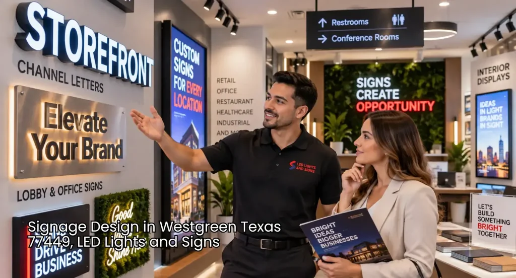 Employee shows a customer illuminated storefront, lobby, and directional displays for professional signage design Houston. 
