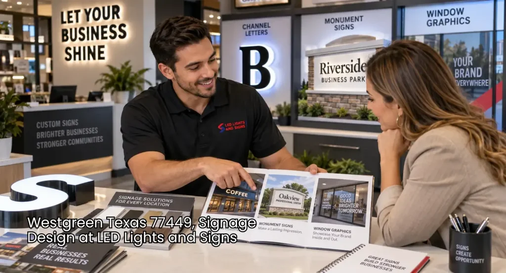 Employee reviews storefront and monument sign options with a client during a custom signage design Houston consultation. 