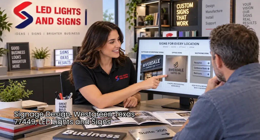 Sign specialist presents storefront, office, and wayfinding concepts to a client for custom signage design Houston services.