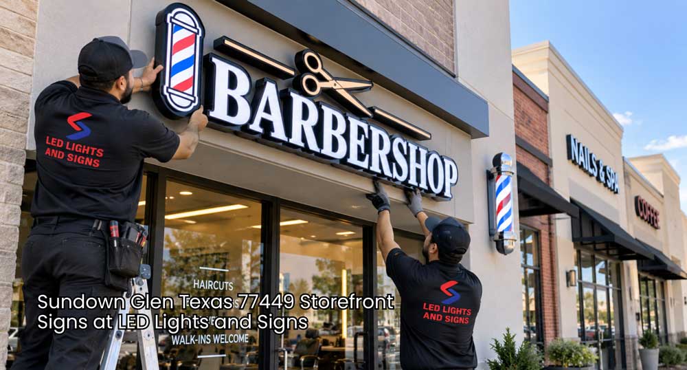 Storefront signs Houston installers mounting an illuminated barbershop sign on a busy local retail center exterior.