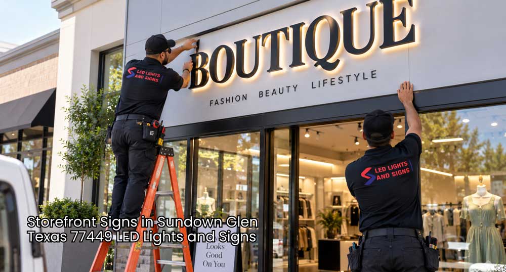 Storefront signs Houston crew installing a backlit boutique sign above a modern fashion and beauty storefront.