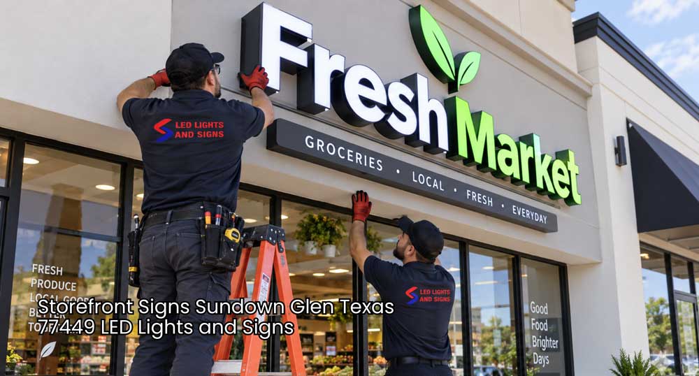 Storefront signs Houston installers fitting bright channel letters for a fresh market on a modern retail storefront.